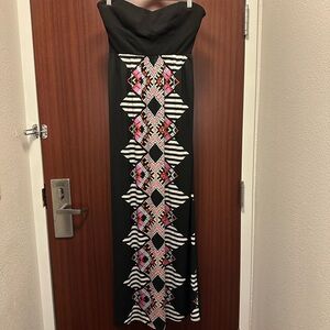 bebe Black Strapless Maxi Dress with Multicolor Geometric Print